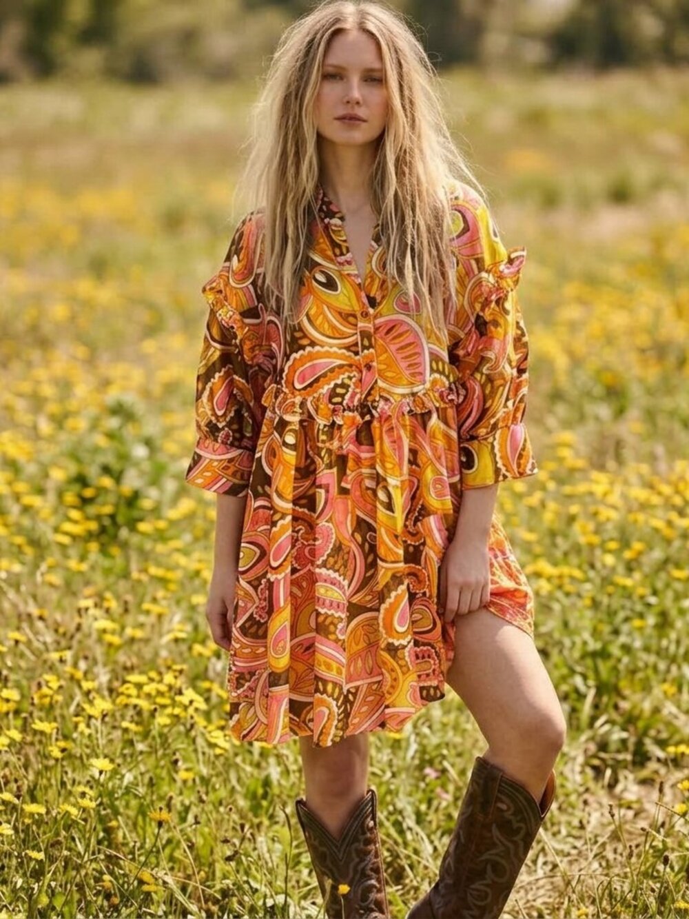 DEVOTION TWINS Babydoll Dress Orange Pink Paisley Puff Sleeve Flowy Mod Mini